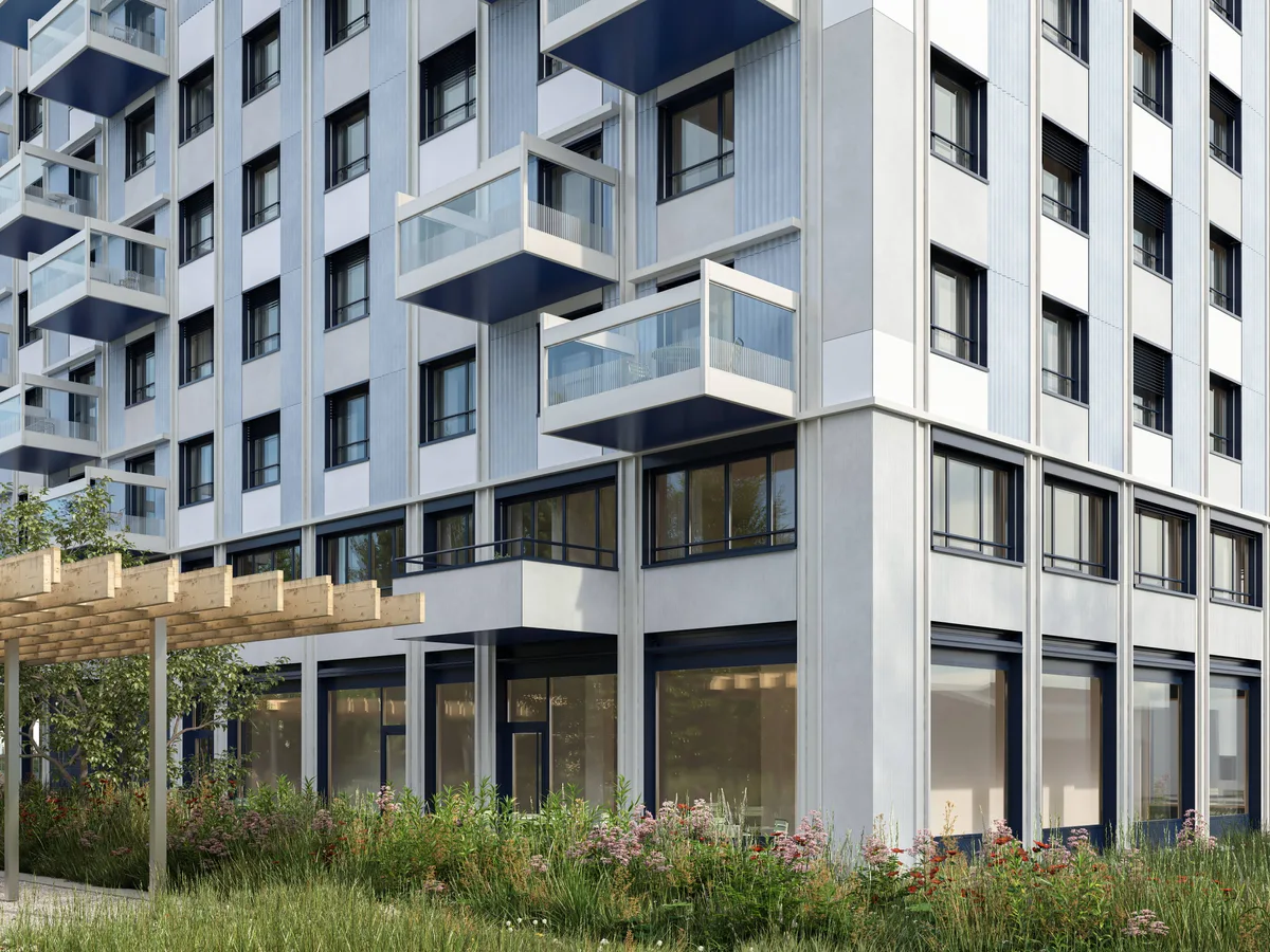 Die Fassade des Sky-Hochhauses soll mit blauem Wellblech überzeugen. Visualisierung